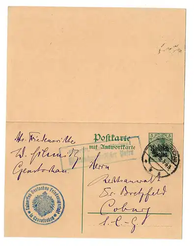 Tschenstochau, Friedensgericht, 1916 nach Coburg, Zensur Posen, mit Antwortkarte