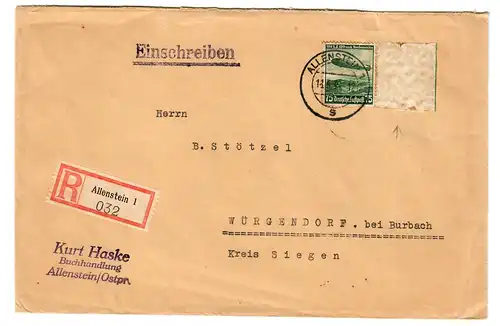 Allenstein: Einschreiben 1936 nach Burbach/Würgendorf, Seitenrand mit Wz