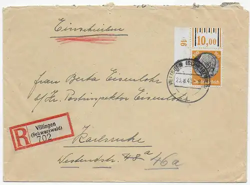 Einschreiben Villingen-Schweningen, 1941; MiNr. 528 WOR, Druckerzeichen 16