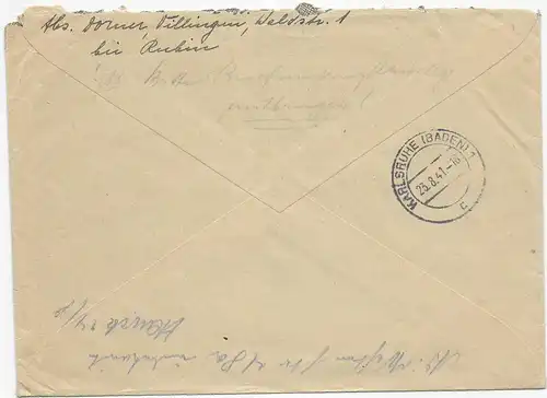 Einschreiben Villingen-Schweningen, 1941; MiNr. 528 WOR, Druckerzeichen 16