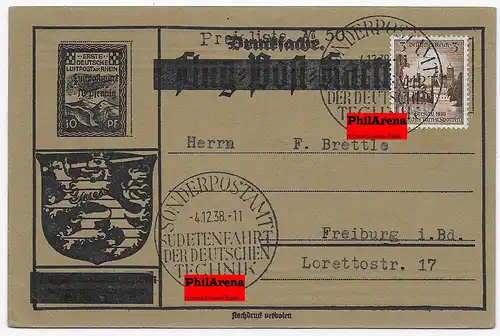 Flugpostkarte Sonderpostamt Sudetenfahrt der dt. Technik 1938, Drucksache