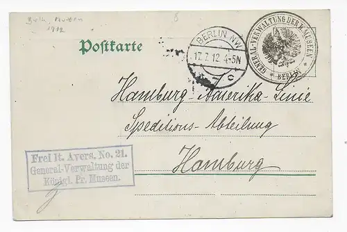 Verwaltung der Museen Berlin, 1912 an Spedition Amerika Linie Hamburg