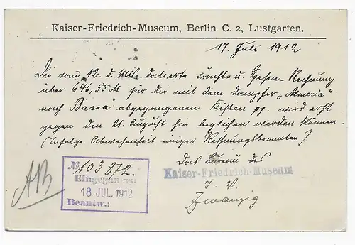 Verwaltung der Museen Berlin, 1912 an Spedition Amerika Linie Hamburg