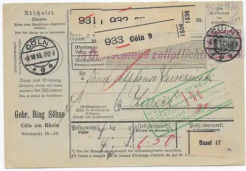 Paketkarte Cöln für 3 Pakete, 1913, Marke mit Firmenlochung Perfin, nach Basel