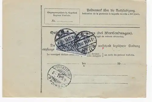 Paketkarte Cöln für 3 Pakete, 1913, Marke mit Firmenlochung Perfin, nach Basel