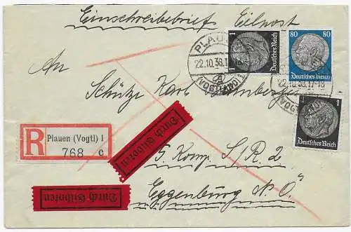 Plauen: Einschreiben und Eilboten 1938 nach Eggenburg, 5. Kompanie