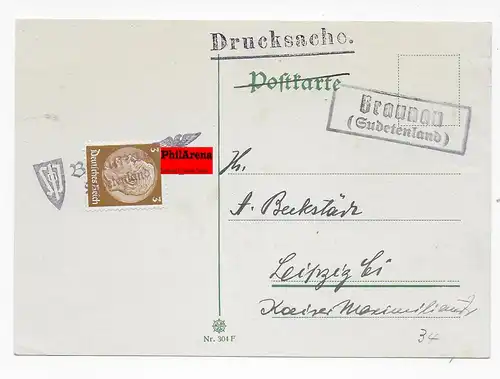 Postkarte Drucksache Braunau/Sudetenland nach Leipzig mit Agenturstempel