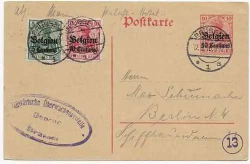 Ganzsache Brüssel, Zensur, nach Berlin, 1916
