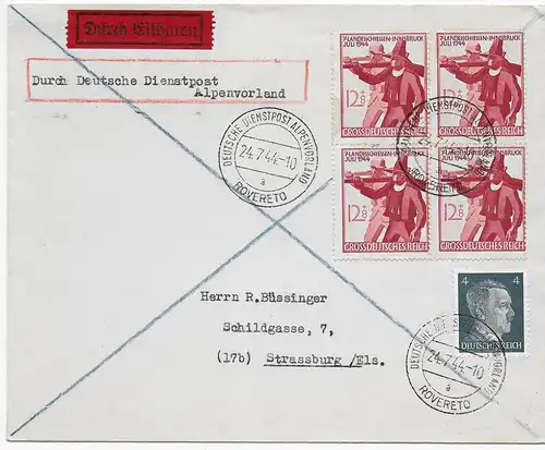 Eilboten Deutsche Dienstpost Alpenvorland, Roverto nach Strassburg, 1944