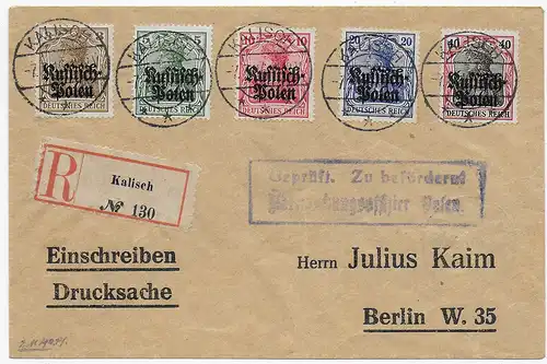 Einschreiben Kalisch, Drucksache nach Berlin, zensur Posen, 1916