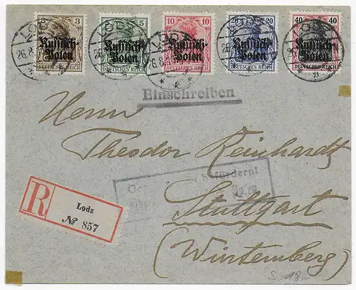 Einschreiben Lodz nach Stuttgart, Zensur Posen, 1915