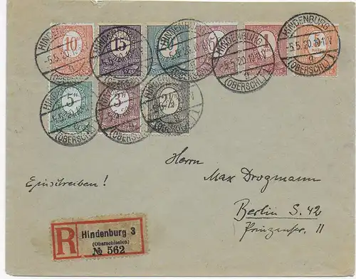 Einschreiben Hindenburg Oberschlesien nach Berlin, 1920, MiNr. 1-9
