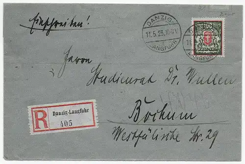 Einschreiben Danzig-Langfuhr, 1923 nach Bochum