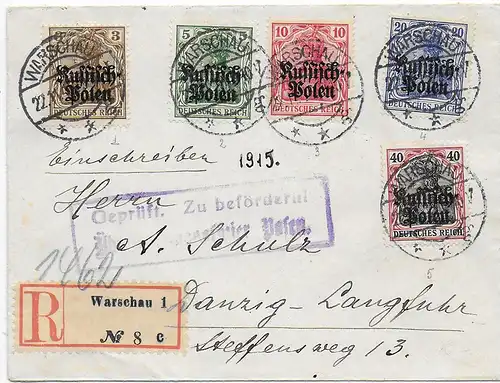 Einschreiben Warschau nach Danzig, 1915, Zensur Posen