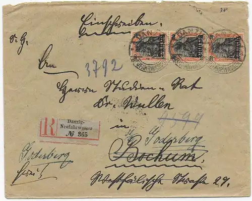 Einschreiben Danzig Neufahrwasser, 1920 nach Bochum, Weiterleitung Godesberg