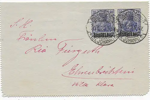 Brief aus Saarbrücken, 1920, nach Ehrenbreitstein, MeF
