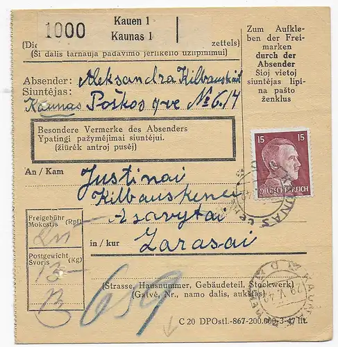 Paketkarte Kauen 1942 nach Zarasai, Ossersee, Deutsche Dienstpost Ostland