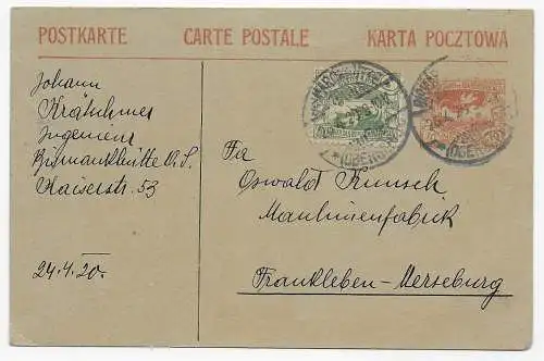 Postkarte 1920 von Bismarkhütte OS nach Frankleben-Merseburg