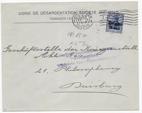 Brief aus Antwerpen, 1917 nach Duisburg. Zensur Antwerpen