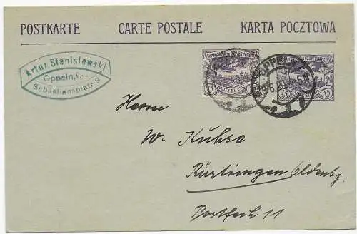 Postkarte Oppeln, 1920 nach Rüstingen