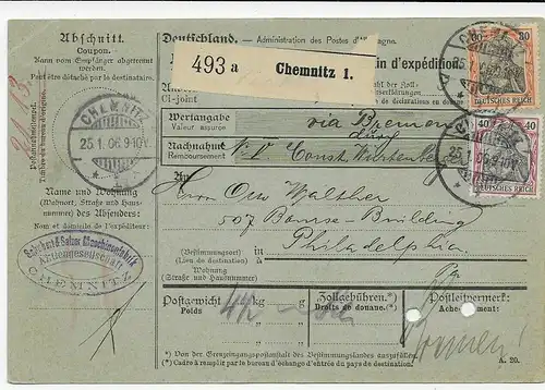 Paketkarte Chemnitz 1906 nach Philadelphia/USA, über Bremen, MiNr. 80B