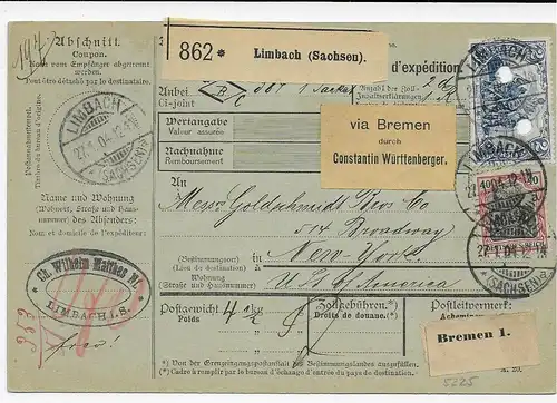 Paketkarte Limbach/Sa, 1904 nach New York über Bremen durch Const. Württemberger