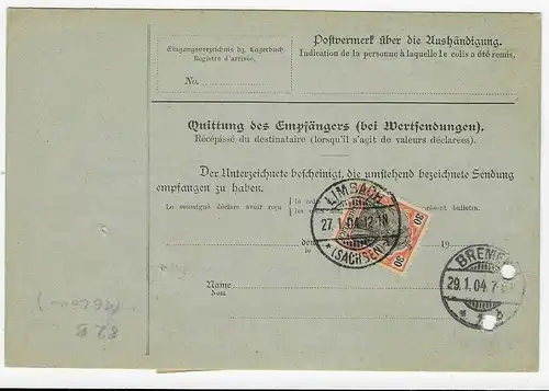 Paketkarte Limbach/Sa, 1904 nach New York über Bremen durch Const. Württemberger