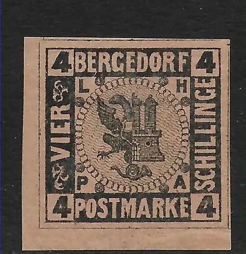 Bergedorf: Eckrand E3, MiNr. 5, Marke mit Haftstelle