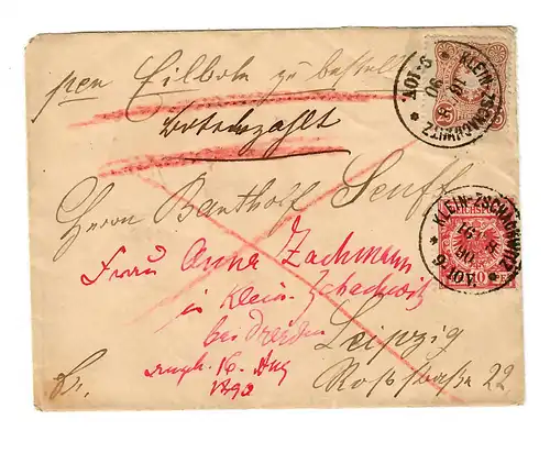Brief 1890 aus Klein Zschmachwitz nach Leipzig, Eilboten, Ausgabenmix