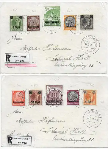 8 Briefe, Einschreiben Luxemburg, 1941 mit MiNr. 1-41 nach Schwäbisch Hall