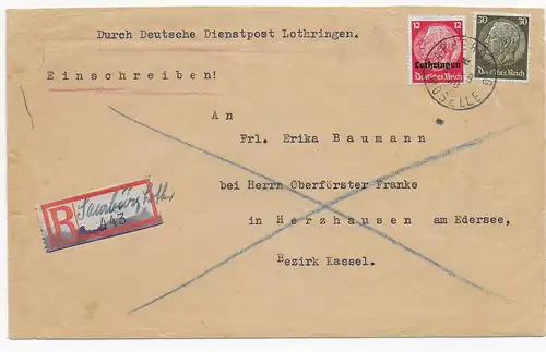 Einschreiben Saarburg/Lothringen, 1940 an Oberförster in Herzhausen/Edersee