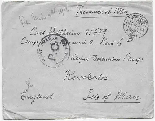 Kgf, PoW: 28.1.1916 Konstanz an Alien Detentions Camp Knockaloe, Isle of Man