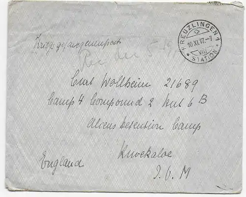 Kgf: 1917 Kreuzlingen an Alien Detentions Camp Knockaloe, Isle of Man, Zensur