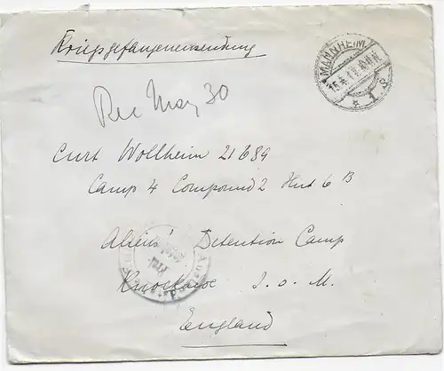 Kgf: 1917 Mannheim an Alien Detentions Camp Knockaloe, Isle of Man, Zensur