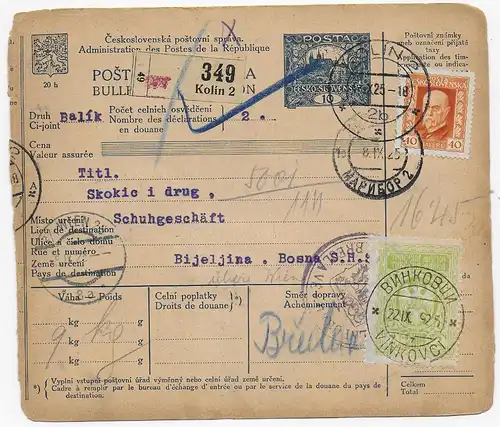 Paketkarte Kolin an Schuhgeschäft in Bijeljina, Bosna, 1925