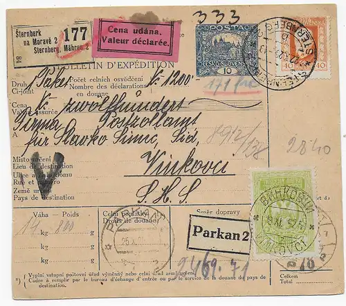 Wert-Paketkarte Sternberg, Mähren nach Parkan, 1925