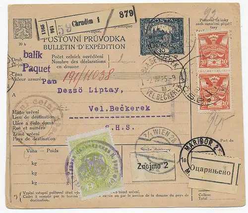 Paketkarte Chrudim nach Znojmo, 1925