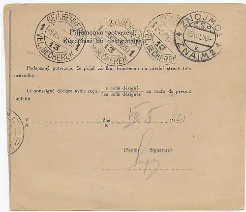 Paketkarte Chrudim nach Znojmo, 1925