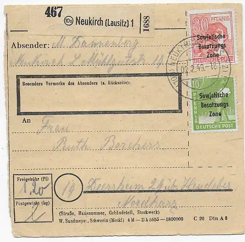 Paketkarte Neukirch/Lausitz nach Deersheim 1949, Massenfrankatur Rückseite