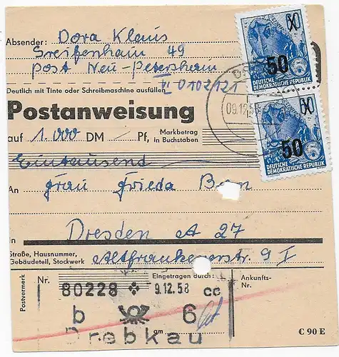 Postanweisung Drebkau nach Dresden, 1958