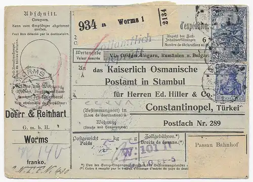 Paketkarte Worms, 1915 an Osmanisches Postamt Constantinopel über Passau