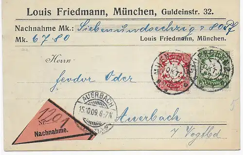 Nachnahme Brief München nach Auerbacht, 1909