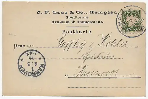 Postkarte Immenstadt nach Hannover, 1896