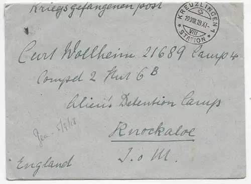 Kgf: 1918 Kreuzlingen an Alien Detentions Camp Knockaloe, Isle of Man, Zensur