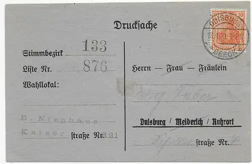 Drucksache Postkarte Duisburg 1921, Wahlkarte zum Landtag