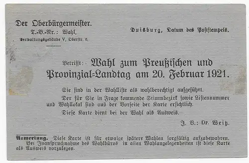 Drucksache Postkarte Duisburg 1921, Wahlkarte zum Landtag