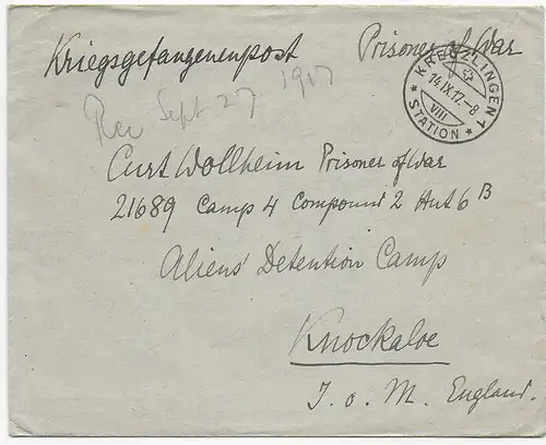 14.9.1917 Kreuzlingen an Alien Detentions Camp Knockaloe, Isle of Man, Zensur