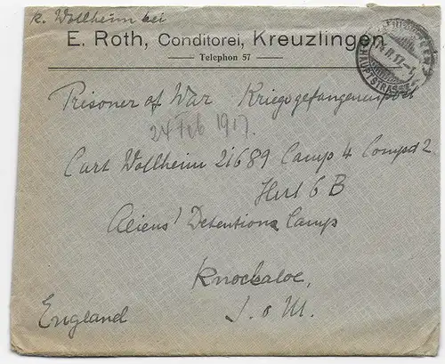 Kreuzlingen 1917 an Alien Detentions Camp Knockaloe, Isle of Man, Zensur