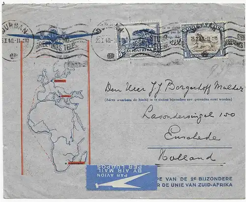 Durban, Air mail, South Africa to Enschede/Netherlands, 1940