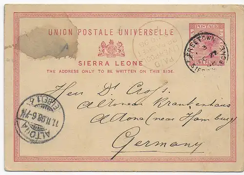 Freetown, Sierra Leone to Altona, Germany, 1896